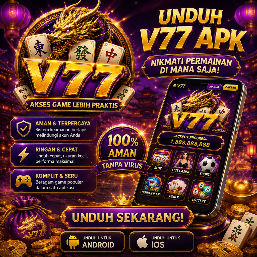 V77 APK download poster bergaya naga dan mahjong ungu emas dengan pilihan unduh aplikasi untuk perangkat Android dan iOS.