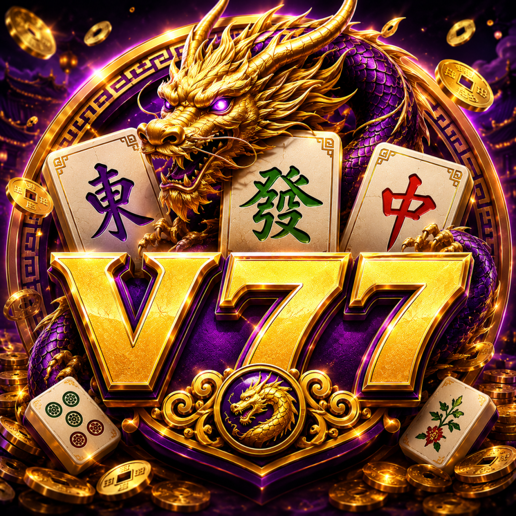 Logo V77 bergaya ungu dan emas dengan elemen naga, ubin mahjong, koin emas, dan desain visual yang modern.