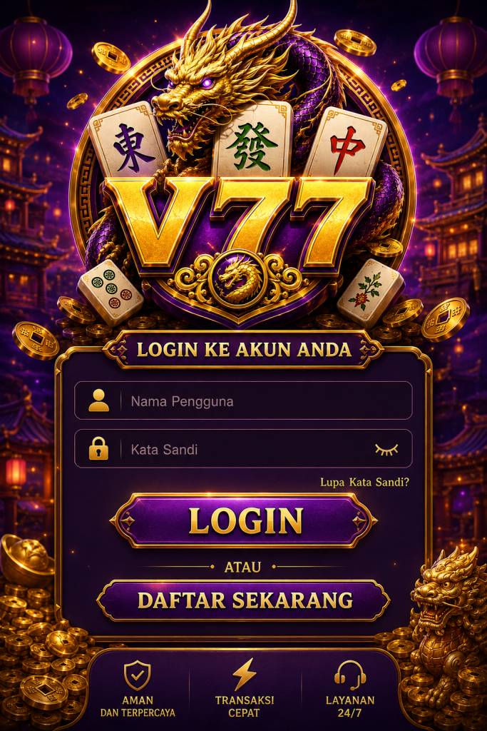 V77 Login Indonesia dengan desain naga dan mahjong bergaya ungu emas, menampilkan kolom nama pengguna, kata sandi, dan akses masuk akun.